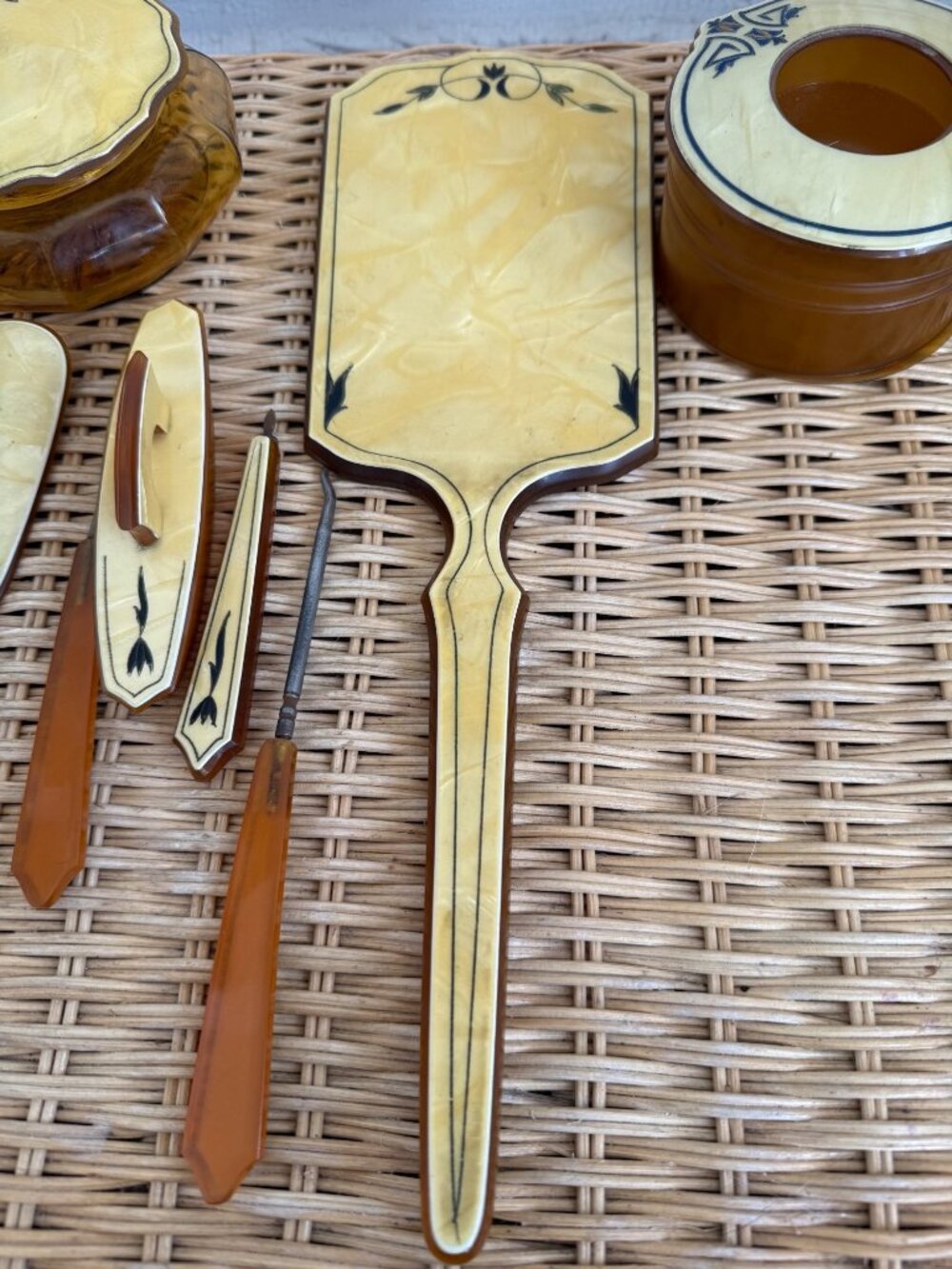 Antique 20's Art Deco Vanity Set Amber Celluloid Glass Jar/Mirror, Shoe Hooks - Picture 4 of 16